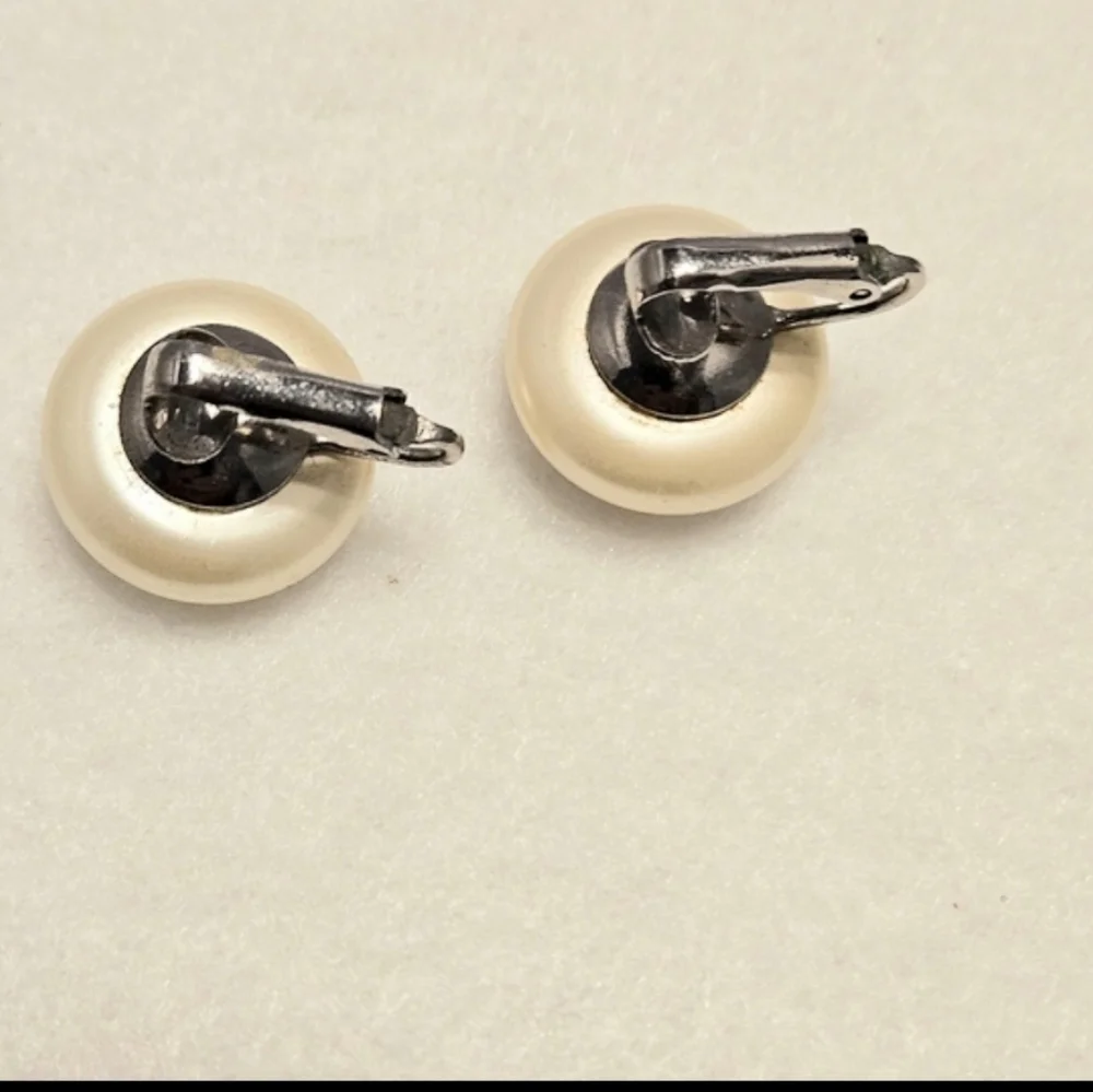 Vintage Faux Pearl Clip-On Earrings, Silver Tone, Classic Button Style